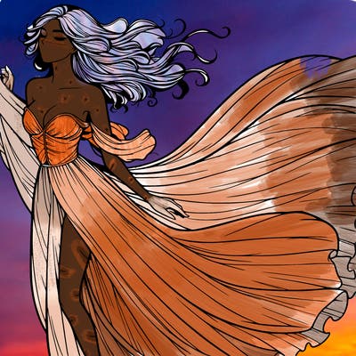 realistic woman in dress flowing the the wind