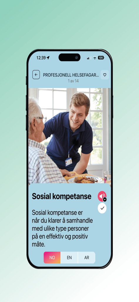 KLAR - A screenshot of the KLAR app teaching vocational Norwegian for healthcare with a focus on social competence