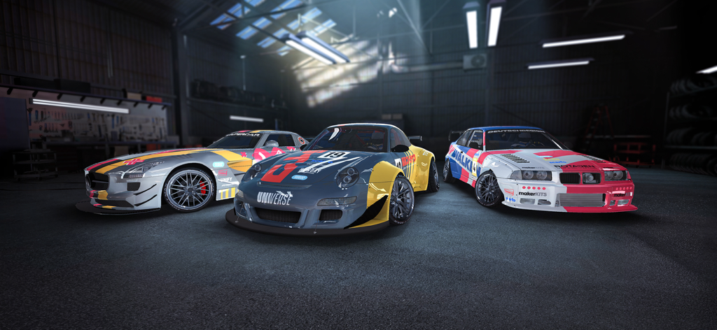 Three customized drift racing cars with unique decals in a garage showroom