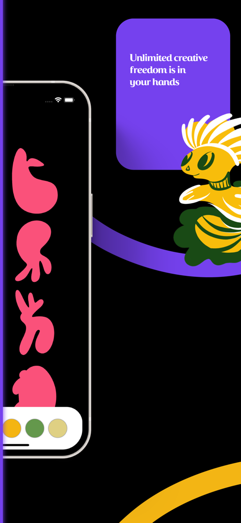 Doodle: Color, Draw & Sketch - Mobile app interface showing organic pink shapes for sketching and a colorful stylized creature illustration.