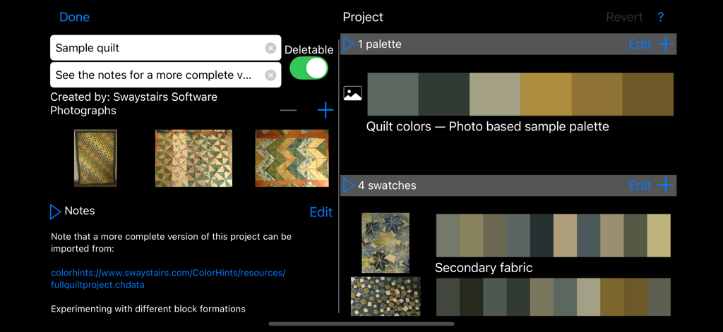 Interface do aplicativo Color Hints mostrando um exemplo de projeto de quilt com fotos de tecidos e paletas de cores associadas