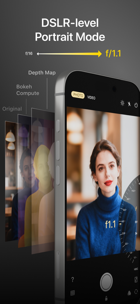Varlens app interface showing DSLR-level portrait mode with depth mapping and f1.1 aperture adjustment
