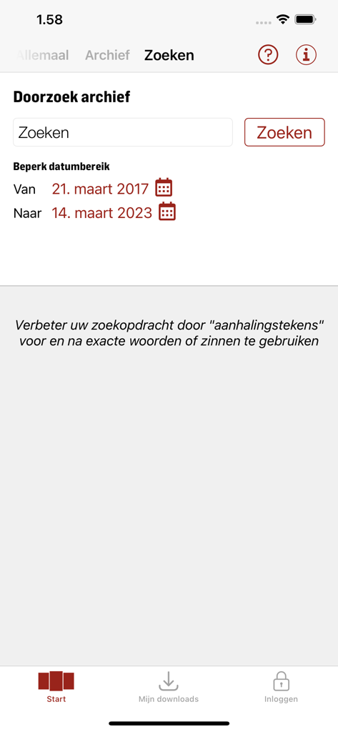 Interface para pesquisar o arquivo da revista Dag Allemaal com filtros de intervalo de datas