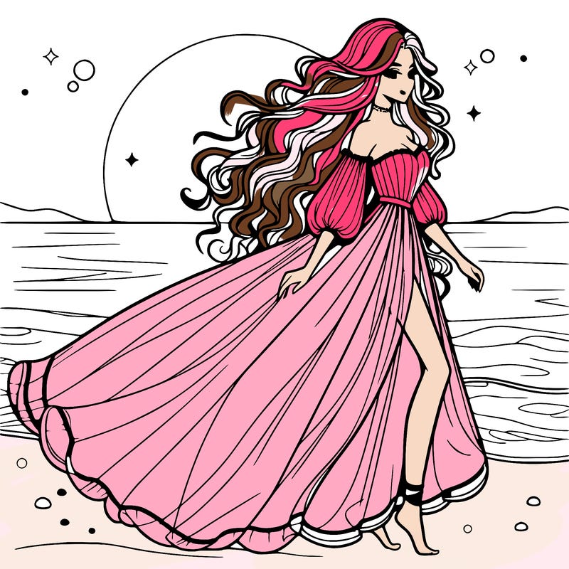 beautiful woman with a vaporous long dress walking on the beach at the noon, detailed art