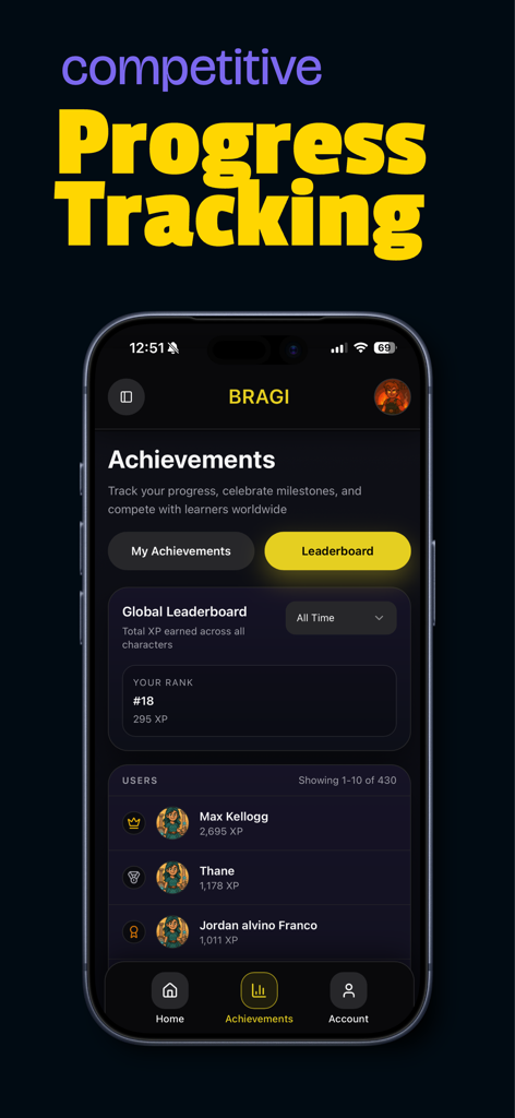 Bragi - Language Learning - Clasificación mundial y pantalla de logros en la aplicación de aprendizaje de idiomas Bragi.