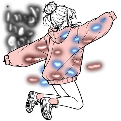 realistic girl jumping with a bun and oversized sweatshirt