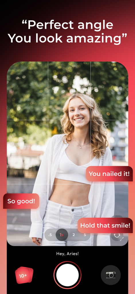 WayShotモバイルアプリのカメラ画面。ポーズをとる女性に対して、リアルタイムのAIポーズプロンプトと励ましのフィードバックバブルが表示されている。