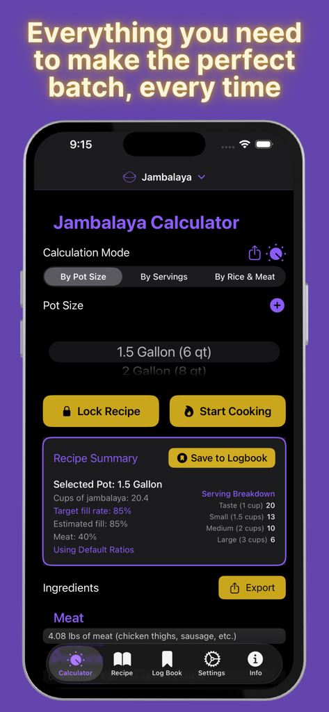 Jambalaya Calculator - Main interface of the Jambalaya Calculator app showing ingredient scaling and recipe summary