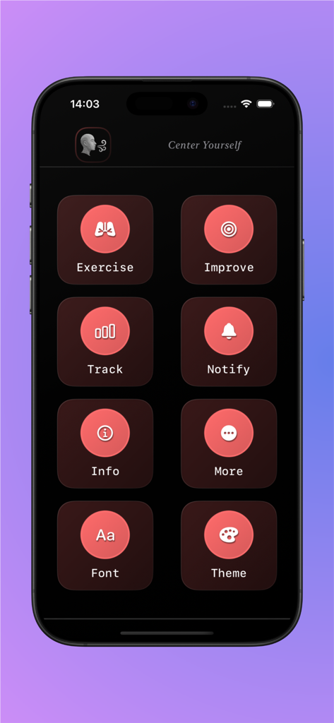 BreatheX – Breathing Exercises - A minimalist dashboard of the BreatheX app featuring a grid of icons for exercises and customization options