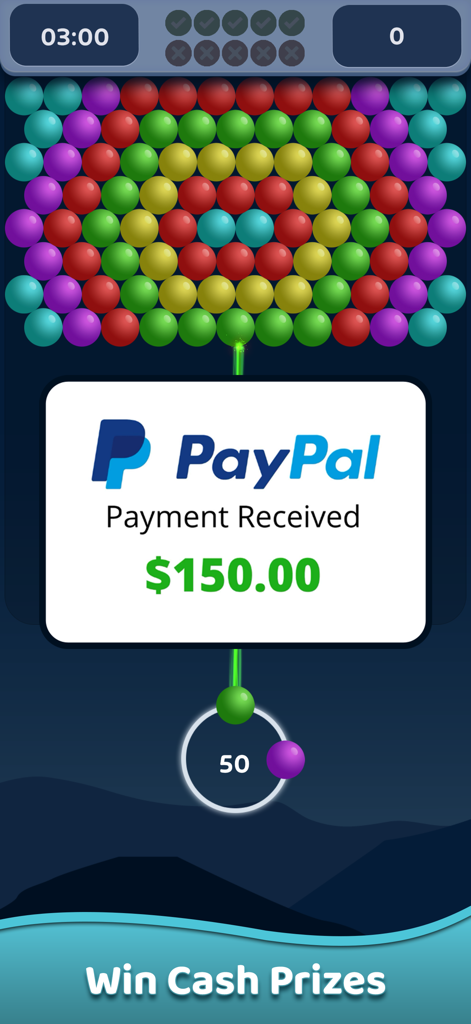 Real Money Bubble Shooter Pro - Real Money Bubble Shooter Pro gameplay screen showing a PayPal payment received notification for 150 dollars