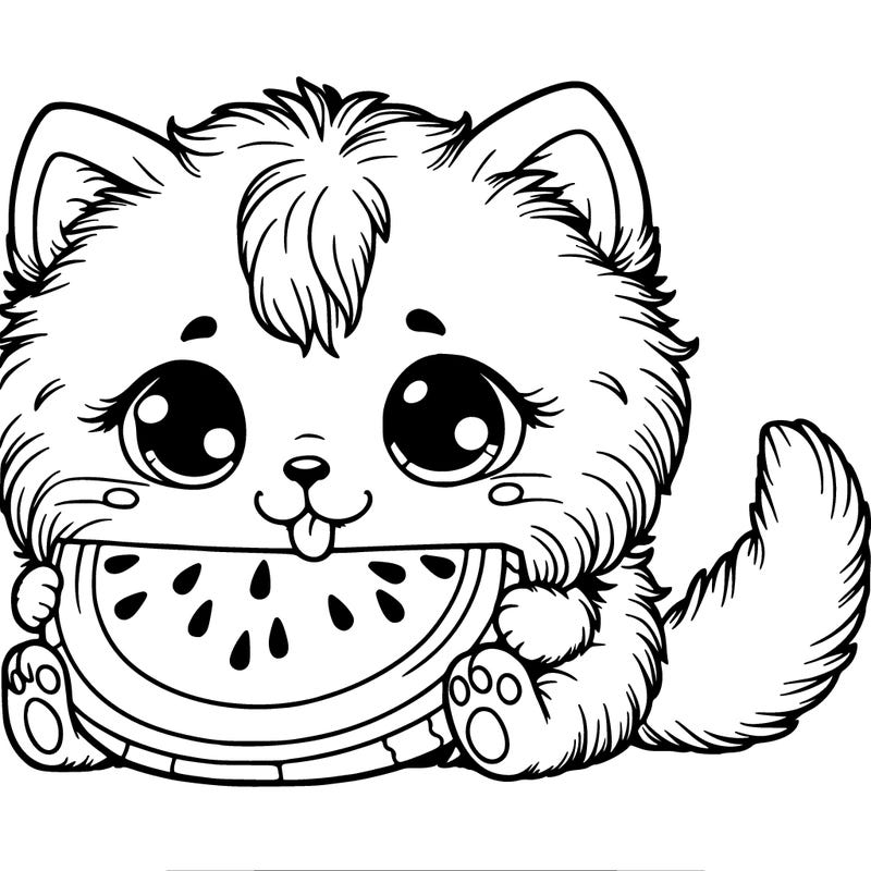 fluffy kitten eating watermelon