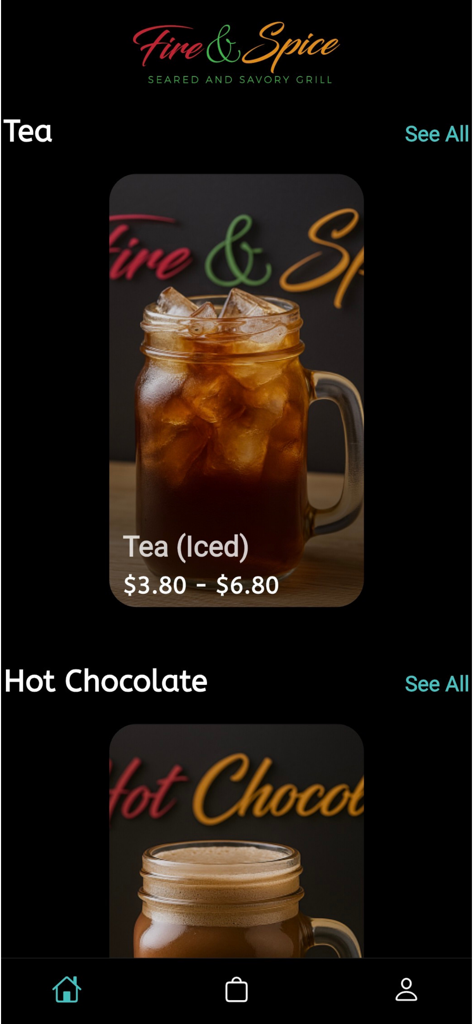 Fire And Spice Restaurant - Menú de la aplicación del restaurante Fire and Spice que muestra opciones de té helado y chocolate caliente