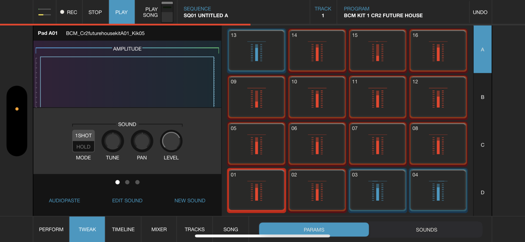 Interfaccia di iMPC Pro 2 per iPhone con 16 drum pad e un editor di forme d'onda per il beat making mobile