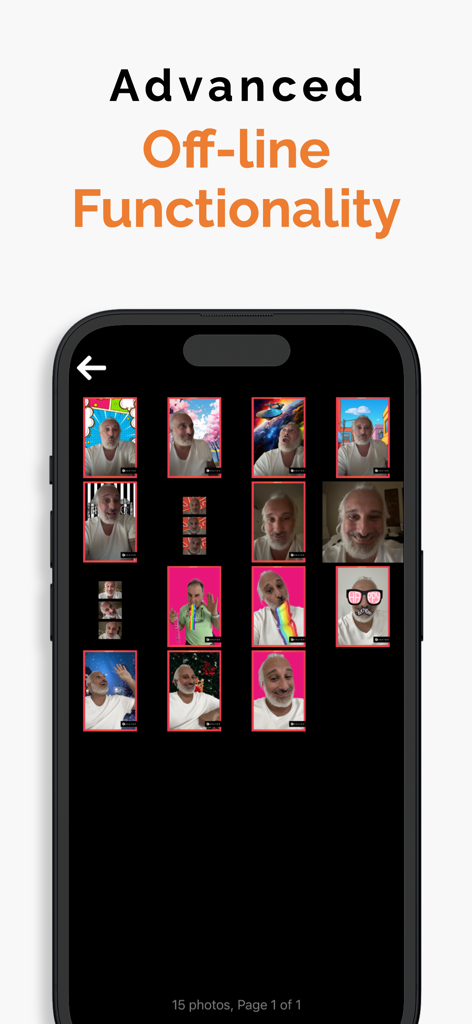 App interface showing advanced offline functionality and a photo gallery with various digital effects