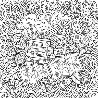 Get ready for an exciting escape with this detailed Digital Art coloring page, celebrating the joy of vacation and travel. Explore a whimsical world filled with iconic elements like maps, suitcases, and cameras, all waiting for your creative touch.