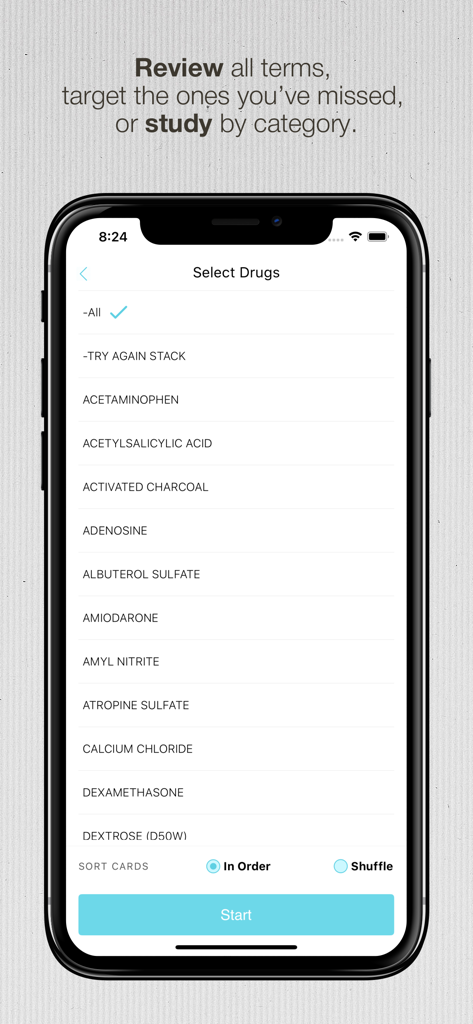 Paramedic Drug List Flashcards - A mobile screen from the EMS Flashcards app showing a list of paramedic drugs to select for study with options to sort or shuffle.