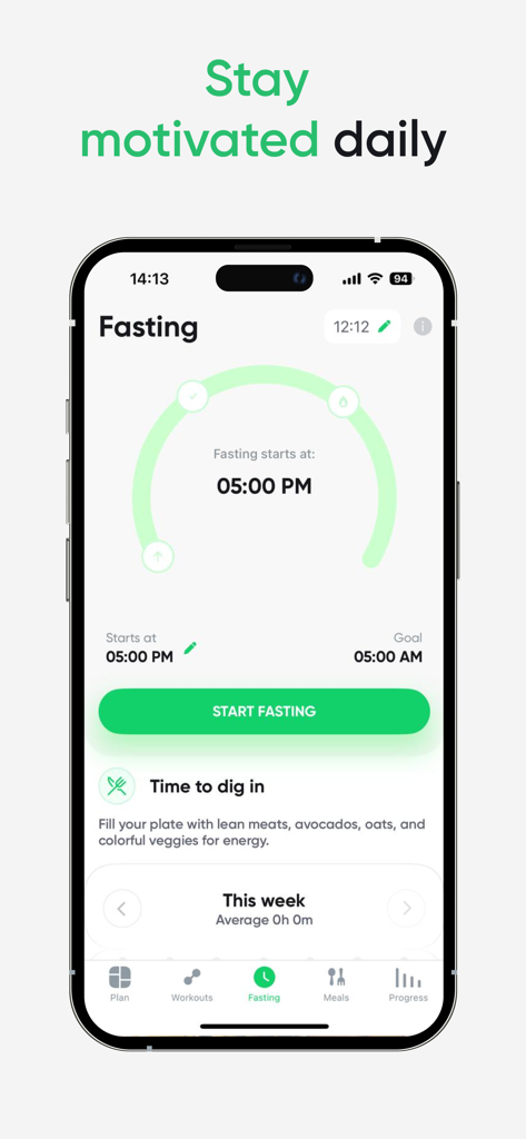 Fit4Me: Workout & Weight Loss - Fit4Me mobile app fasting tracker screen showing a circular timer and start fasting button.