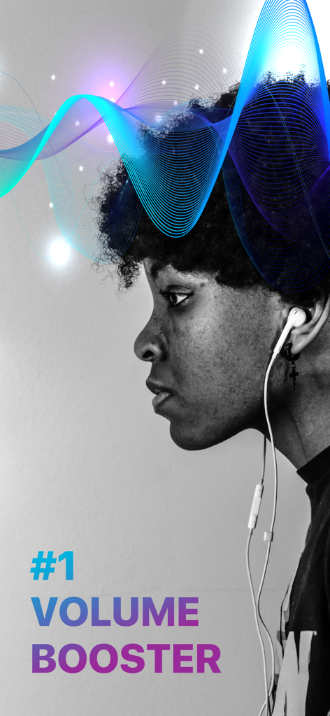 Volume Booster for Spotify - Una persona joven usando auriculares con ondas de audio vibrantes y el texto número uno en mejora de volumen