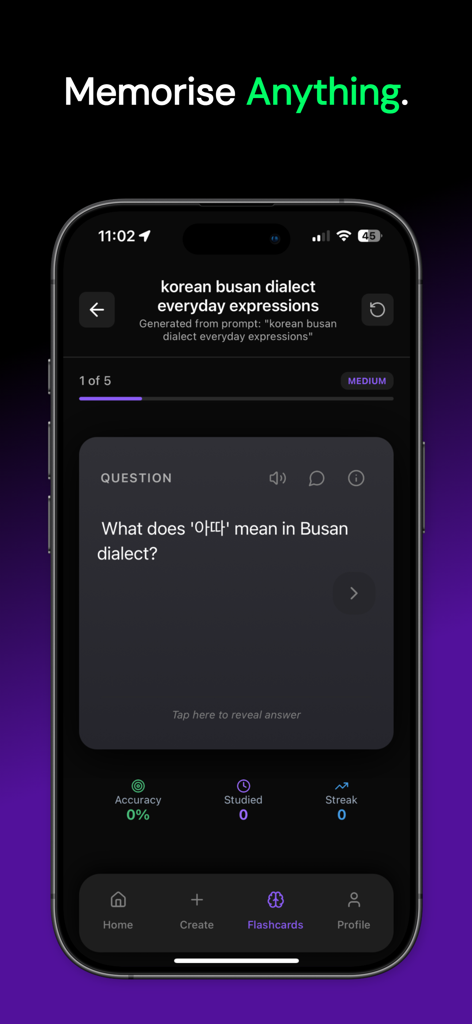 Una pantalla de teléfono móvil mostrando una tarjeta de memoria de la aplicación Flashrecall para aprender el dialecto Busán de Corea