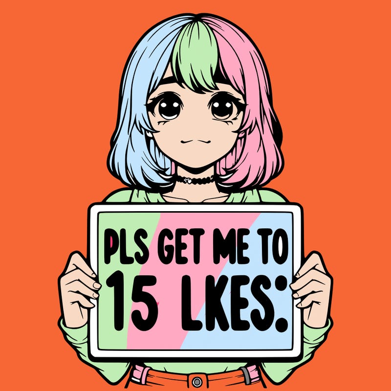 realistic girl holding up a sign that says “pls get me to 15 likes!”