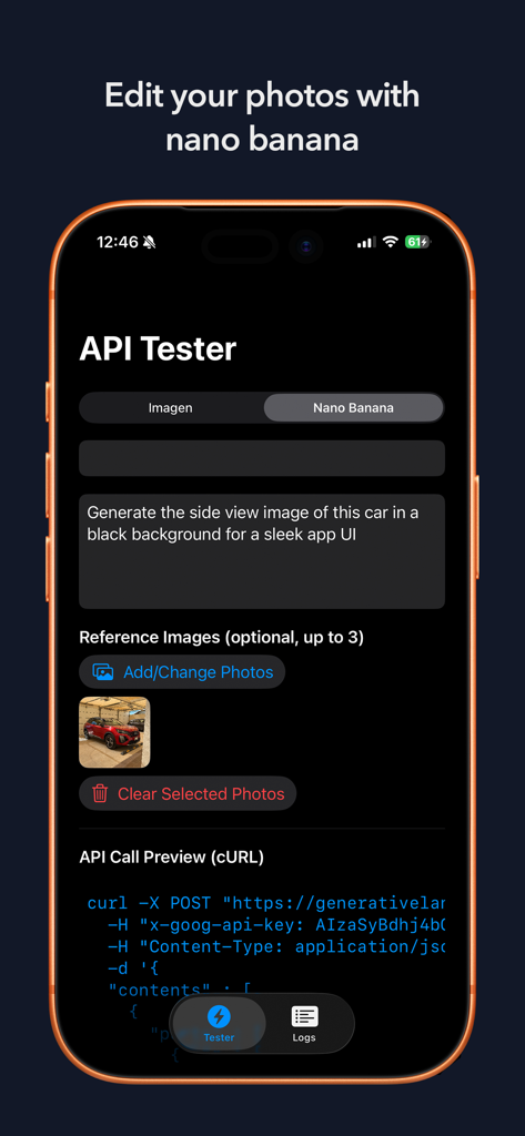 Interfaz de la aplicación Banana API mostrando la pantalla del Probador de API con una indicación de texto para la generación de imágenes de automóviles y una vista previa de cURL