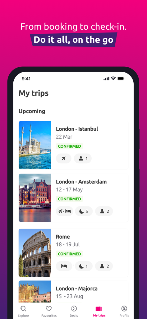 Interfaz de la app de viajes lastminute mostrando una lista de próximos viajes confirmados e itinerarios con imágenes de destinos