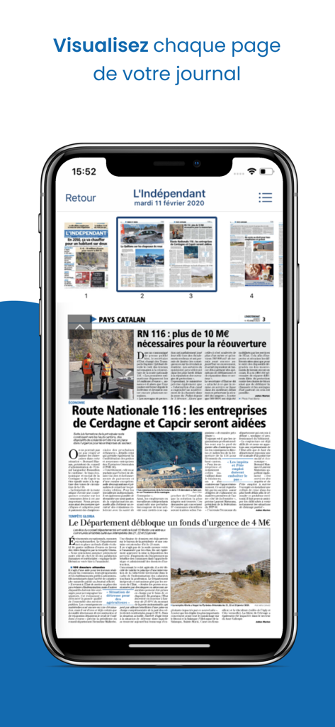 L'Indépendant Le Journal - L'Indépendant新聞のデジタルレプリカとページナビゲーションサムネイルが表示されたスマートフォン画面。