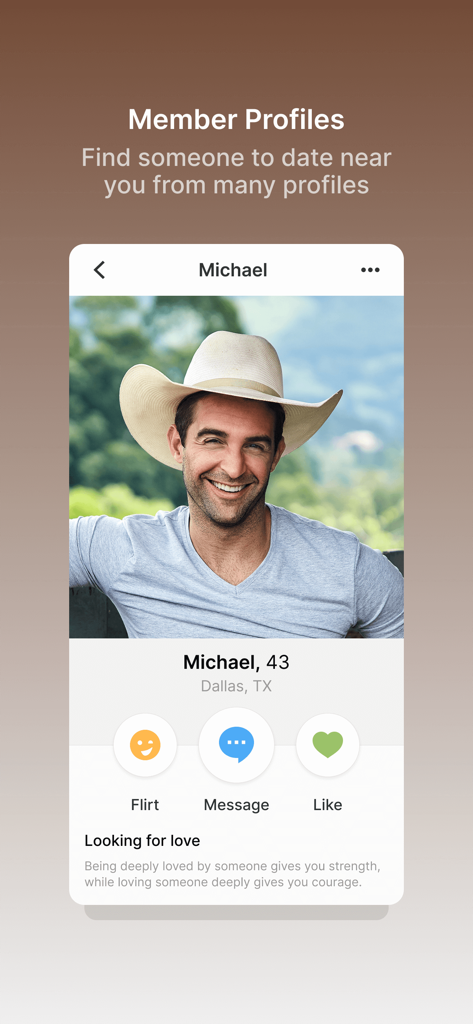 Cowboy Dating Service App - A member profile on the Cowboy Dating Service app showing a man in a cowboy hat with options to flirt, message, or like.