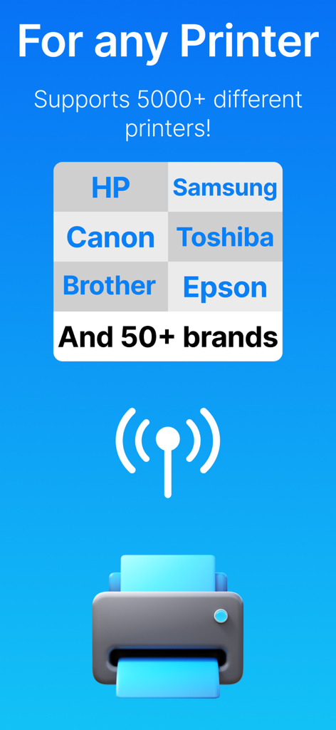 Mobile Print - Printer ePrint - Mobile Print app screen showing support for five thousand printer models and fifty plus brands