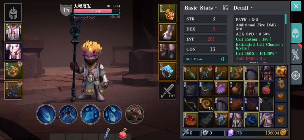 ABYSS BLADE - Character equipment and detailed statistics screen in ABYSS BLADE