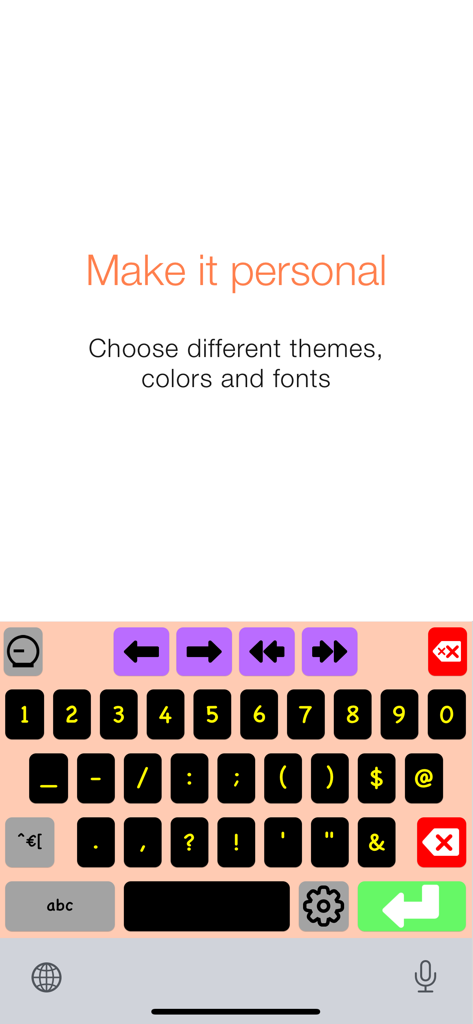 Teclado personalizable de alto contraste para la aplicación Keeble con teclas coloridas y flechas de navegación