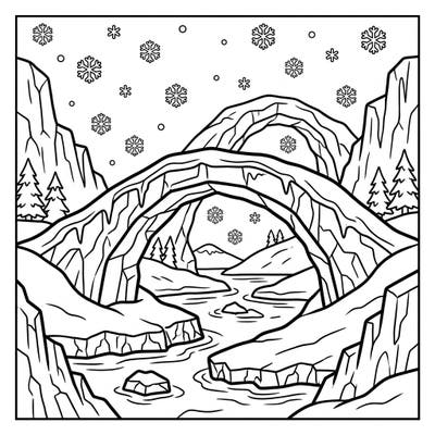 Dive into a breathtaking winter landscape with this ice bridge coloring page, perfectly designed for young artists aged 4-8. Featuring majestic ice formations, a flowing river, and gently falling snowflakes, it's an enchanting scene waiting for your creative touch.