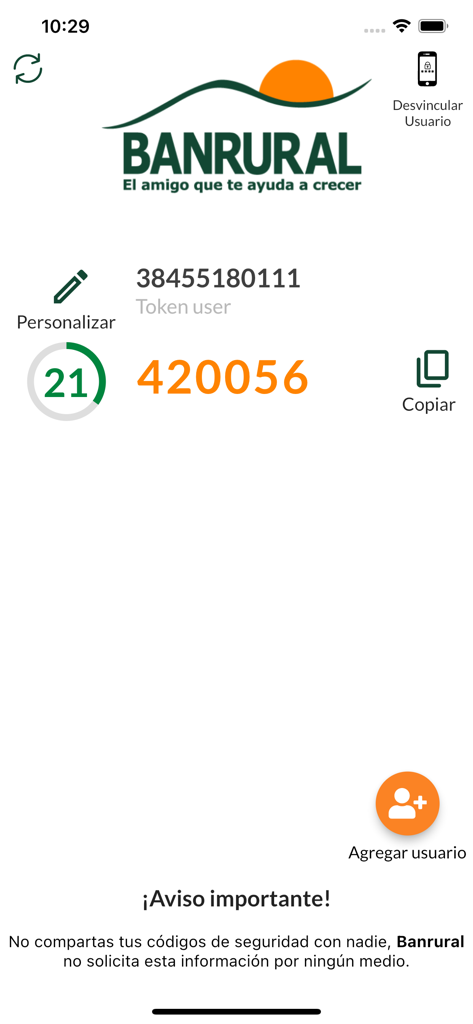 Código Banrural - Interface of the Código Banrural app showing a six-digit security token and a circular countdown timer