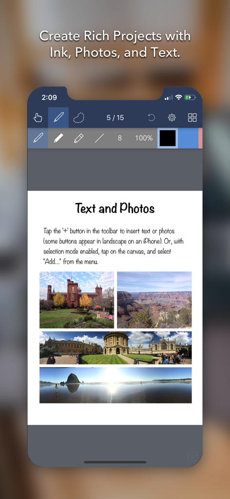 Noteflow+ Digital Notebook - Noteflow plus app interface showing a digital notebook page with text and four travel photos