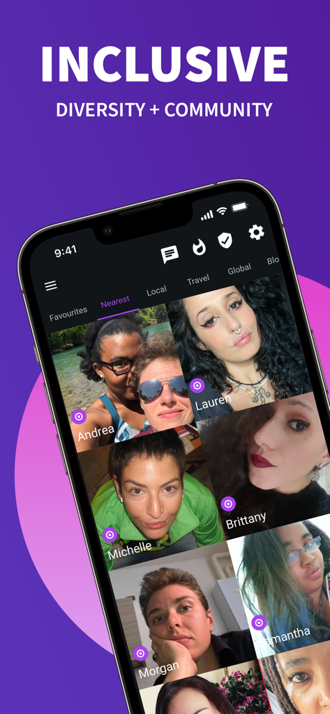Wapa: Lesbian Dating & Chat - Wapa app interface showing a grid of diverse user profiles under the heading Inclusive Diversity and Community