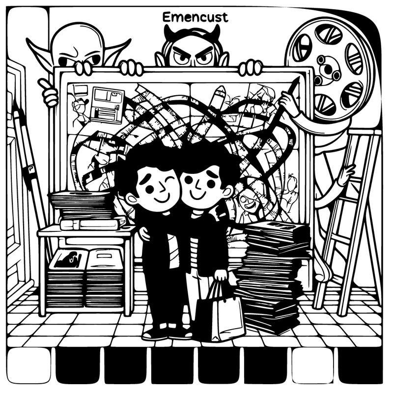 two best friends in a movie store and then david hockey charted and devil stand best friends under them and it's gonna be realistic and they gonna have i really colorful bag on dem and they hug hetherter