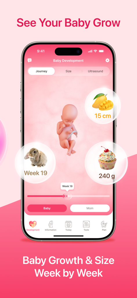 Pregnancy Tracker App ⁯ - Pregnancy app interface showing 19-week baby growth with mango and cupcake size comparisons.