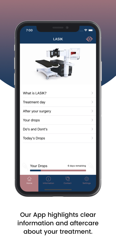 Screenshot of the dropAdrop app showing LASIK surgery information and eye drop reminders.