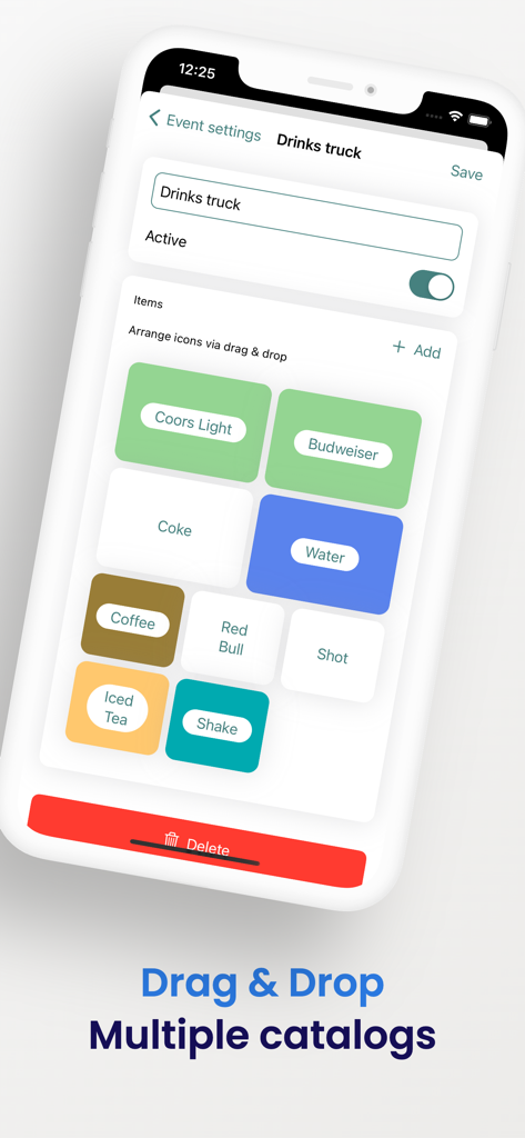Interface do aplicativo móvel para organizar catálogos de produtos com botões de arrastar e soltar.