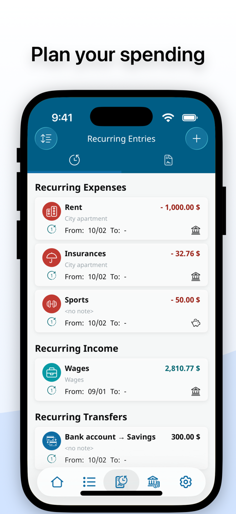 MoneyControl Spending Tracker - MoneyControl app screenshot showing recurring expenses income and transfers for financial planning