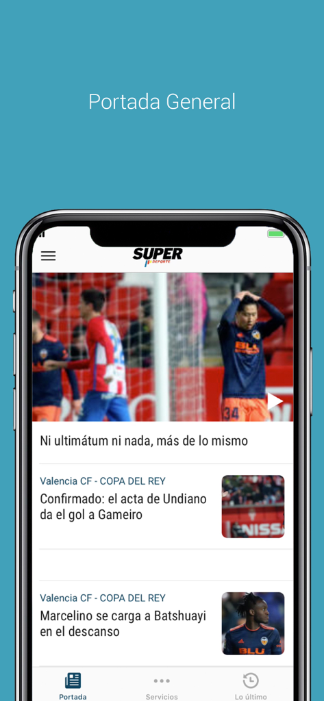 Superdeporte - Superdeporte app homepage showing soccer news headlines about Valencia CF on a mobile screen