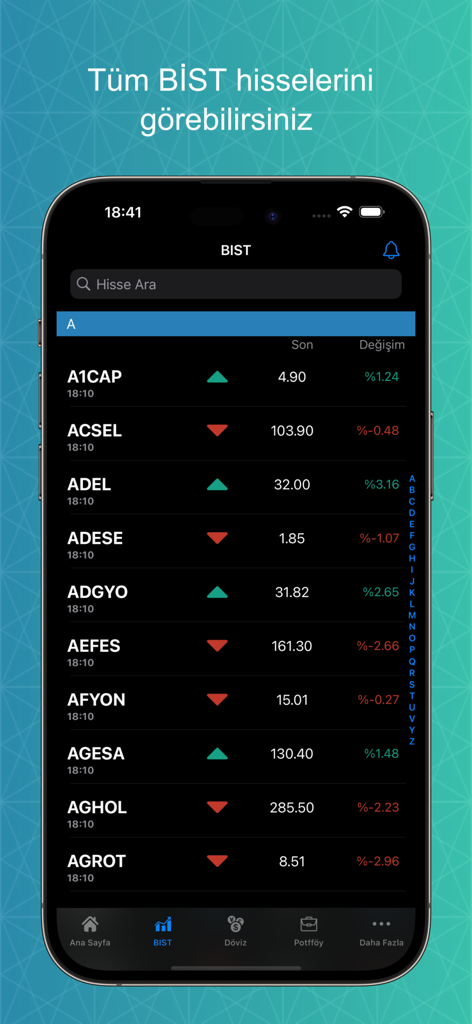 Canlı Borsa-Döviz Altın Kripto - A list of Turkish BIST stocks showing live prices and percentage changes on a mobile interface