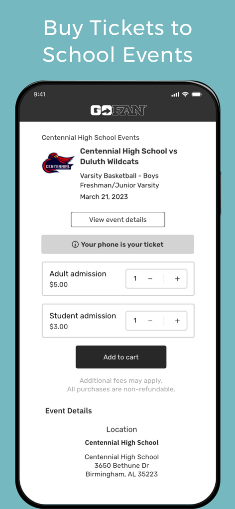 GoFan: Buy Tickets to Events - GoFan mobile app screen for buying high school sports tickets