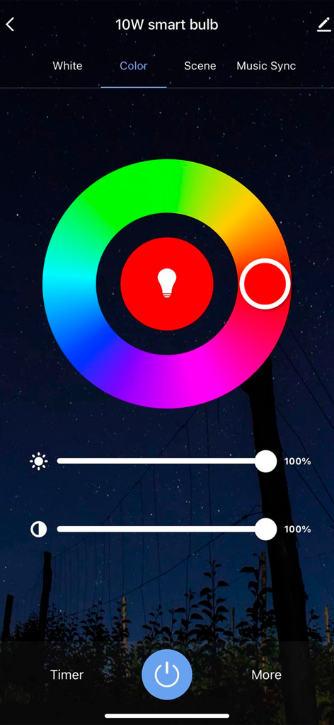 Neo Avant - Interface do aplicativo Neo Avant mostrando um círculo de cores para controlar uma lâmpada inteligente com controles deslizantes de brilho e saturação.