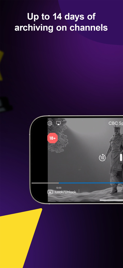 Kinon - Interface de l'application Kinon sur un smartphone mettant en évidence la fonction d'archivage de 14 jours pour les chaînes de télévision.