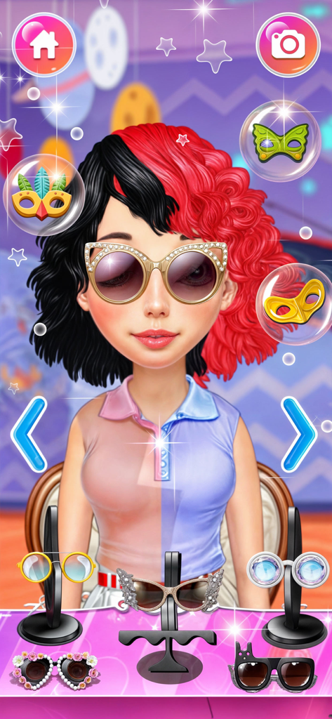 A character with red and black hair wearing sunglasses in a girls makeover game