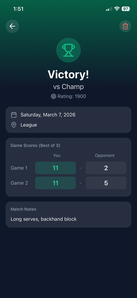 My Ping Notes - ゲームスコアと対戦相手に関する戦術メモを表示する、マイ・ピン・ノートの卓球試合勝利画面。