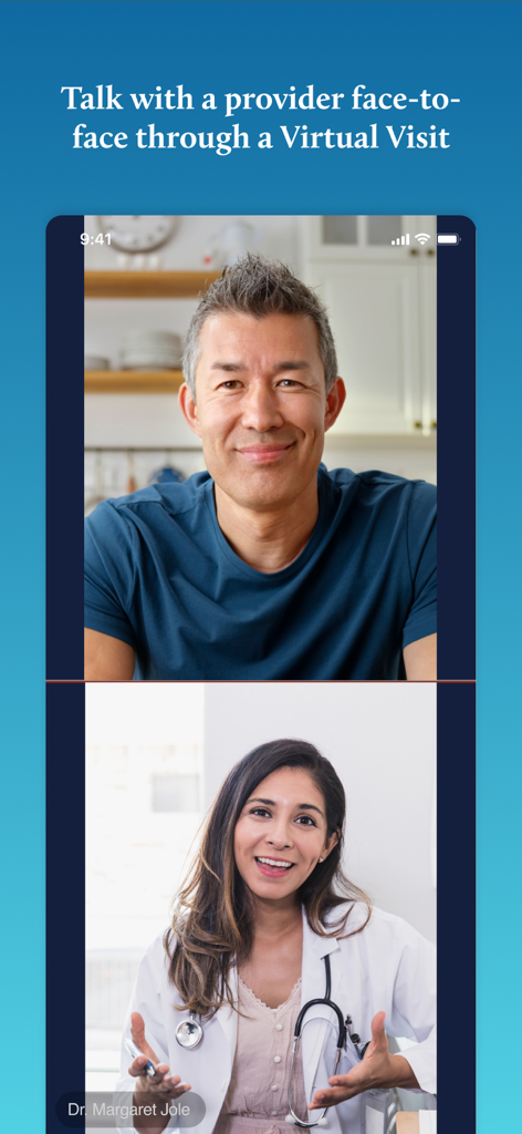 A split screen showing a male patient and a female doctor during a virtual healthcare visit on the Allina Health app.