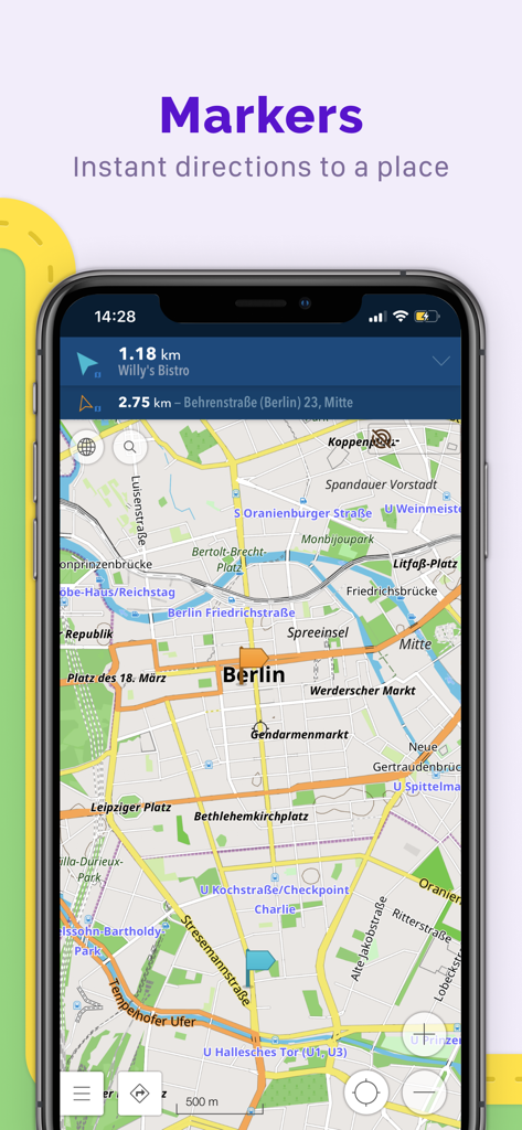 Interfaccia dell'app OsmAnd che mostra marcatori e indicazioni sulla mappa a Berlino