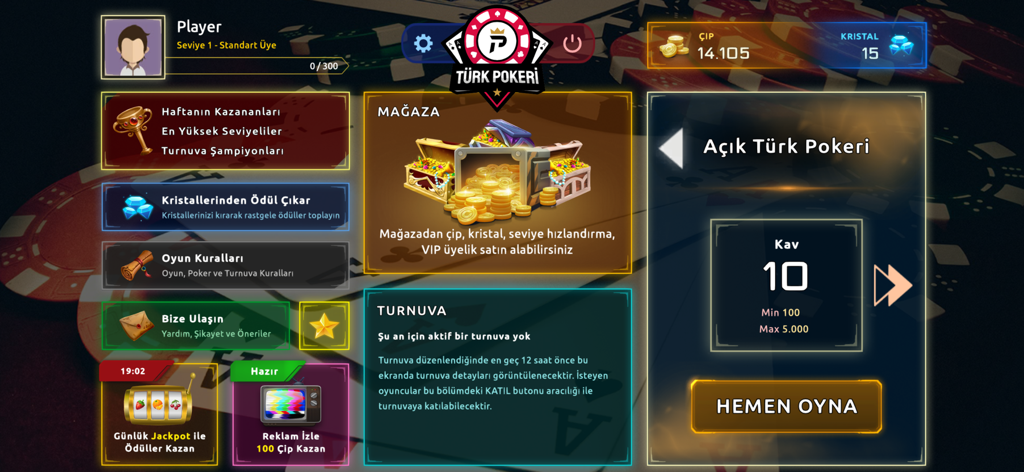 Turk Pokeri - Tableau de bord principal de l'application mobile Turk Pokeri montrant le menu du jeu, la boutique et les sections de tournoi